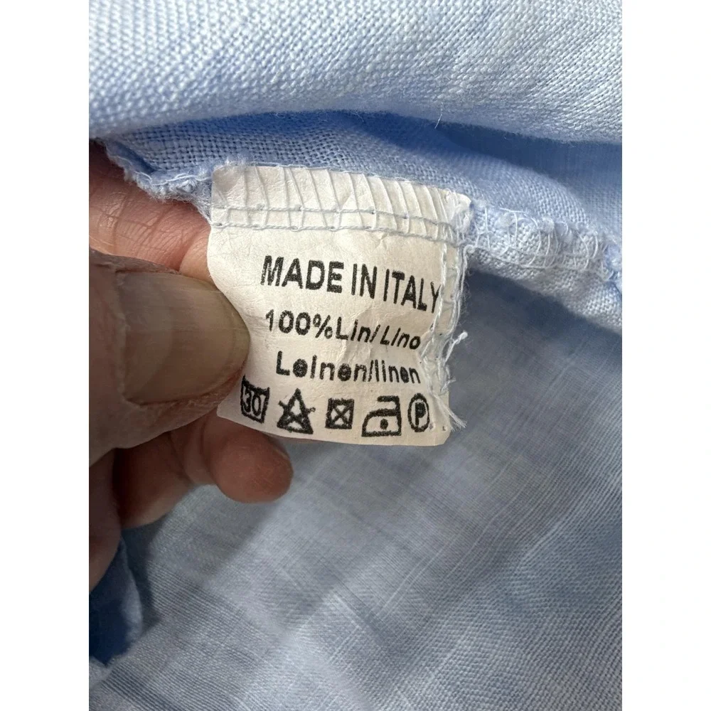 100% Lino Dress Womens Large Blue Embroidered Linen Boho Shift Pockets Italy - Picture 13 of 14